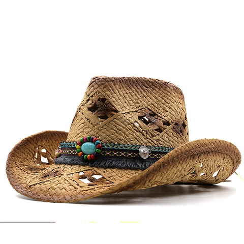 Vintage Western Cowboy Straw Hat Men Women Breathable Hollow Paper Weave Ethnic Bead Leather Strap Metal Badge