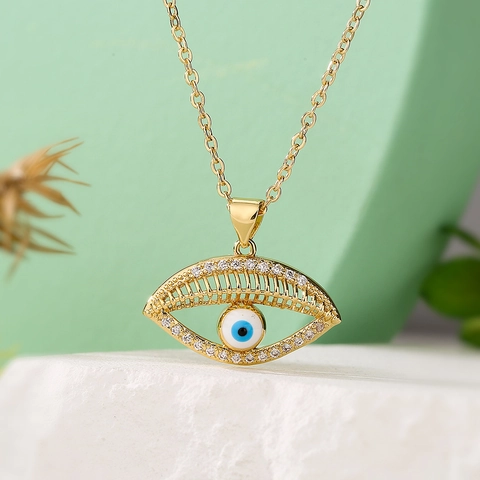 Collar Con Colgante De Ojo Turco Cobre Chapado En Oro De 18K Hueco Circonita Colorida Joyería Minimalista Para Mujer