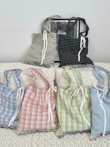 Dames Geruite Draagtas Polyester Kant Ruches Strik Zoete Japanse Stijl Grote Capaciteit Handtas