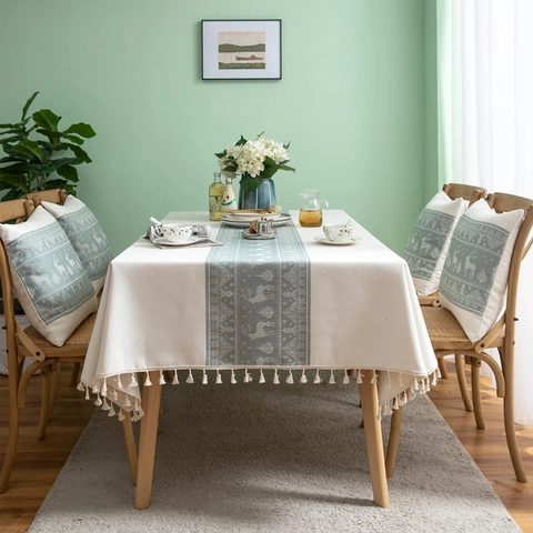Nappe Jacquard Rectangulaire Motif Renne Et Arbre Style Nordique Simili Lin Housse De Table Antipoussière Avec Glands