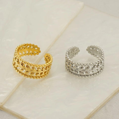 Stainless Steel Leaf Ear Of Grain Open Rings For Women Adjustable Hollow Gold Silver Beaded Edge Rings Minimalist Jewelry Accessories Gift