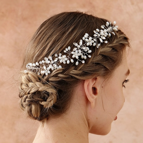 Bridal Hair Vine With Combs Faux Artificial Pearl Rhinestone Silver Color Metal Wire Handmade Wedding Party Elegant Headpiece Women