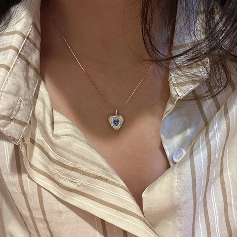 Collana In Argento Sterling 925 Con Pendente A Cuore In Zircone Blu Texture Martellata Catena Per Clavicola Minimalista