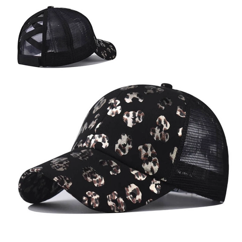 Gorra De Béisbol Con Cola De Cavallo Para Mujer Estampado De Leopardo Algodón Malla Transpirable