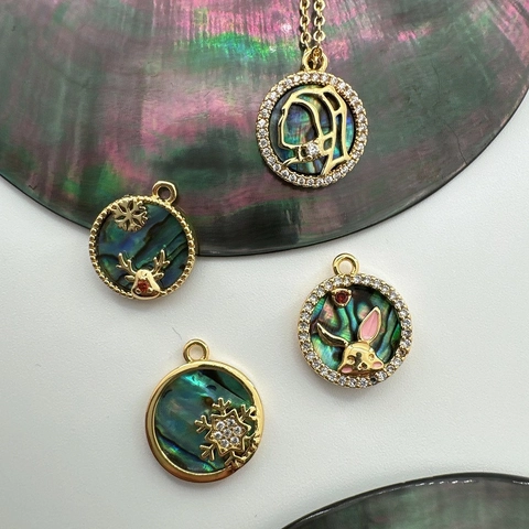 Runde Anhänger Natürliche Abalone Perlmutt Muschel 18K Vergoldet Kupfer Zirkon Für DIY Schmuckherstellung Schmuckanhänger