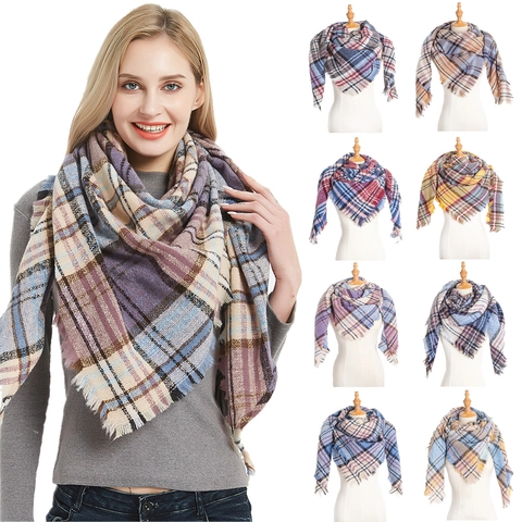 Women Plaid Triangle Shawl Scarf Winter Warm Polyester Grid Scarf With Tassels Casual Multi Color Neck Wrap For Autumn Winter