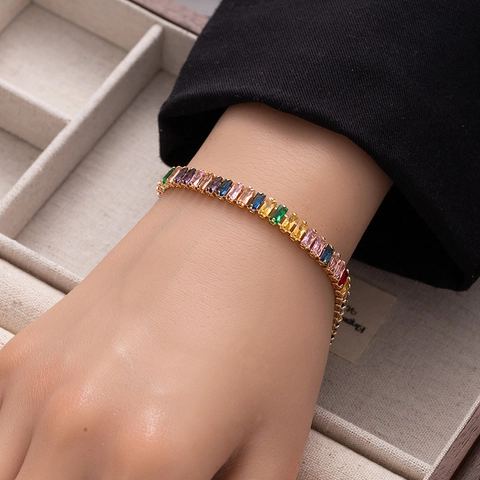Tennis Bracelet Baguette Zircon Copper Rectangular Full Stone Elegant Hip Hop Jewelry For Women