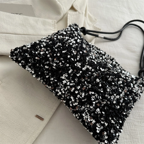 Borsa A Tracolla Con Paillettes Da Donna Borsa Sotto L'Ascella Glitterata Moda Nero Argento Hobo Cerniera Con Tracolla A Nodo