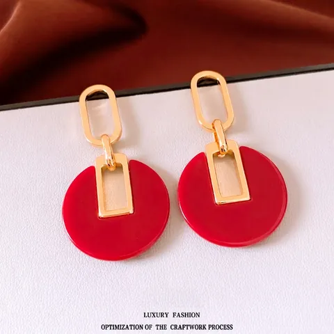 Pendientes Colgantes Geométricos Con Resina Roja Y Cobre Chapado En Oro De 18K Y Poste De Plata De Ley 925 Moda Retro