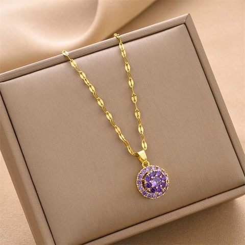 Collana Con Pendente Fiore Rotondo Placcato Oro Acciaio Inossidabile Rame Zircone Intarsiato Gioielli Eleganti Da Donna