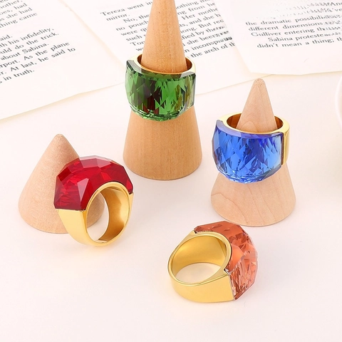 Modern Titanium Steel Faceted Crystal Glass Ring For Men Women Transparent Large Gemstone Statement Jewelry Geometric Ring