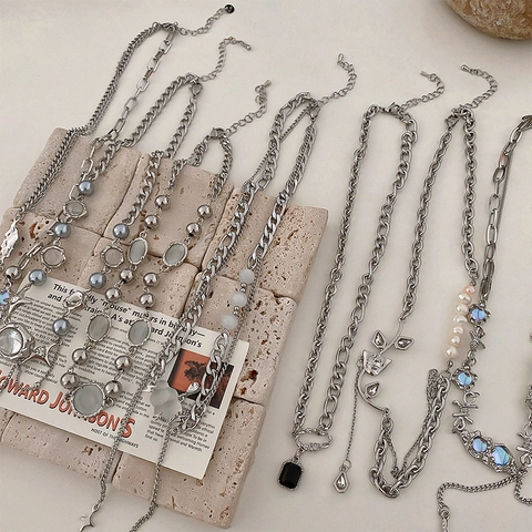 Women Fashion Necklace Heart Moon Star Pendant Clavicle Chain Korean Niche Design Alloy Synthetic Moonstone Zircon Jewelry