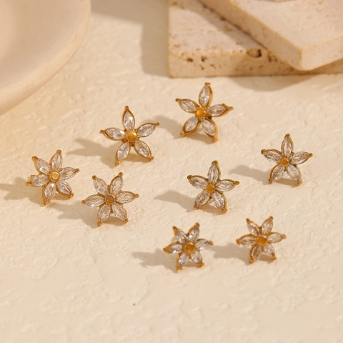 Flower Stud Earrings 18K Gold Plated Stainless Steel Cubic Zirconia Marquise Cut Fashion Jewelry For Women