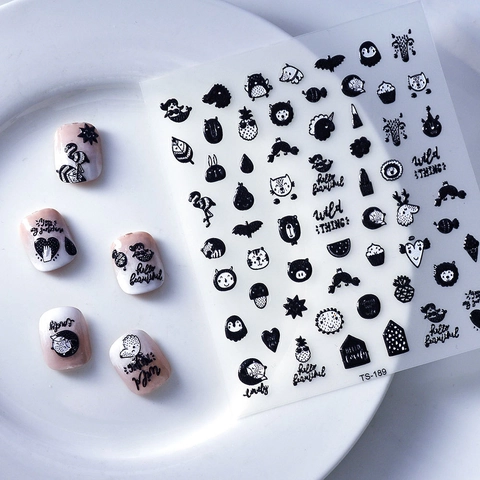 Autocollants De Nail Art En Relief 5D Animaux Dessins Animés Noirs Flamant Chat Imperméable Décoration De Manucure