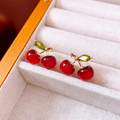 Kirsch Ohrstecker Harz Zirkon Frucht Design Süßer Modeschmuck Mit Silbernem Ohrstecker Für Damen