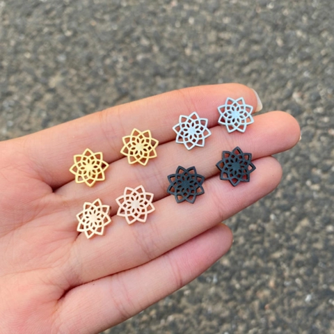 Pendientes De Botón De Flor Hueca Acero Inoxidable Mandala Loto Geométrico Joyería Minimalista Para Mujeres