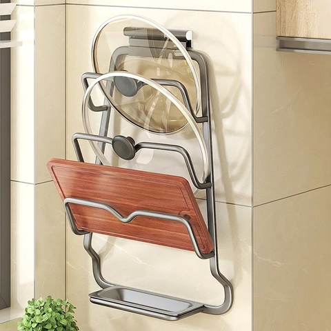 Wall Mounted Pot Lid Rack Space Aluminum Kitchen Storage Shelf With Drip Tray No Drill Cutting Board Holder Organizer