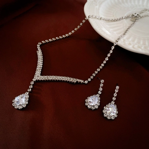 Elegante Collar Y Pendientes De Aleación Con Diamantes De Imitación Para Mujer Con Poste De Plata Esterlina 925