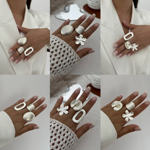 Alloy Rings Adjustable Minimalist Geometric Flower Artificial Pearl Hollow Textured Matte Jewelry For Women INS Style Trendy Accessory