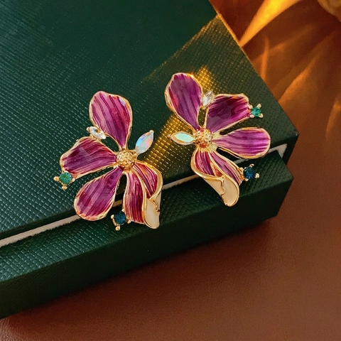 Orecchini A Fiore In Smalto Viola Stile Palazzo Vintage Con Strass E Perno In Argento Gioielli Retro Per Donne