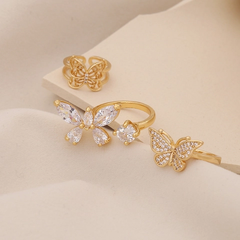 Eleganter Schmetterlingsring Verstellbar Kupfer Vergoldet Zirkonia Modeschmuck Für Frauen Geschenk