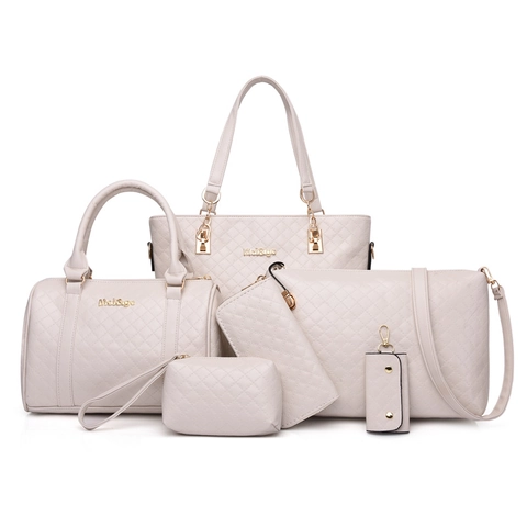 Women Quilted PU Leather Bag Set With Tote Crossbody Boston Handbag Wallet Pouch Key Holder Elegant Fashion