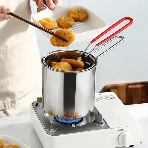 Mini Deep Fryer Pot 304 Stainless Steel With Red Handle Filter Basket Small Frying Pan For Chicken Tempura Kitchen Tool