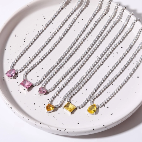 Tennis Choker Necklace 18K Gold Plated Brass With Cubic Zirconia Heart Pear Square Pendant Light Luxury Style For Women