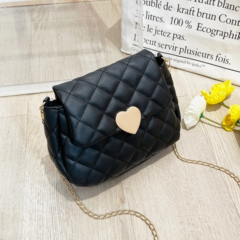 Women Rhombic Quilted Chain Crossbody Bag Heart Shaped Lock Small Square Shoulder Bag Stylish PU Leather Purse