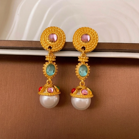 Vintage Palace Drop Earrings With Multi Color Synthetic Gemstone Artificial Pearl And 925 Sterling Silver Earring Post Copper