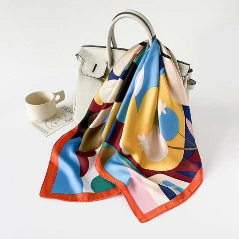 Quadratischer Schal Satin Satinngefühl Abstrakt Blumendruck Kopftuch Für Frauen Haarband Taschenzubehör Eleganter Halstuch