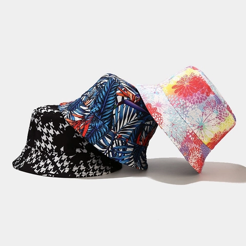 Vintage Printed Reversible Bucket Hat Polyester Cotton Sun Protection Outdoor Casual Travel Beach Cap For Men And Women
