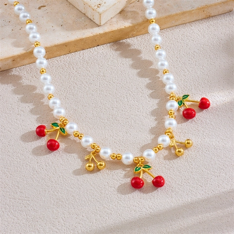 Cherry Fruit Pendant Beaded Necklace With Faux Artificial Pearl And Stainless Steel Chain Sweet Style Jewelry For Women