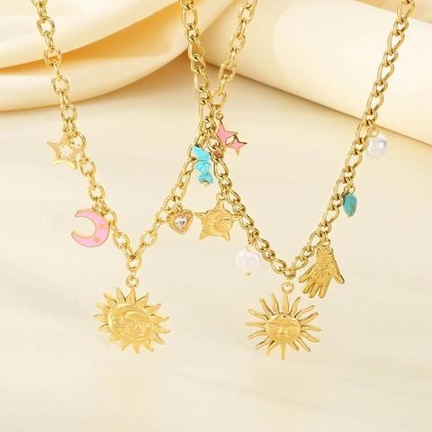 Collana Multi Pendenti In Acciaio Inossidabile Placcato Oro Con Sole Luna Stella Palmo Turchese Perla Artificial Zircone Cuore Gioielli Boho Donne