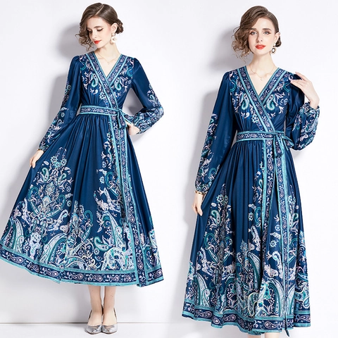 Elegante Abito Maxi Stampa Paisley Scollo A V Maniche Lunghe Stile Raso Etnico Vita Con Fiocco Linea A Boho