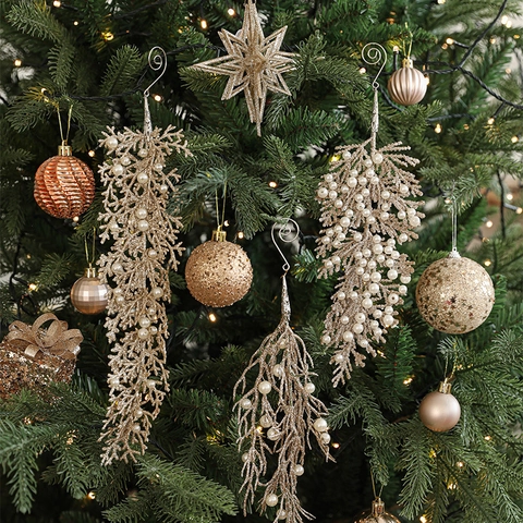 Decorazione Da Appendere Albero Di Natale Oro Champagne Luccicante Con Künstliche Perle Finte Forma Ramo Foglia Plastica Festa