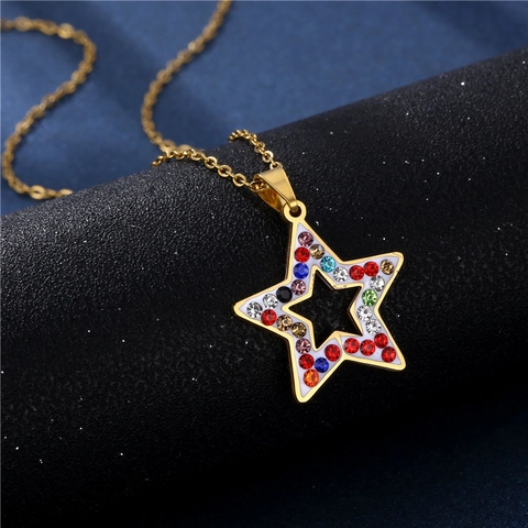 Star Pendant Necklace 304 Stainless Steel Colorful Rhinestone Enamel Hollow Pentagram Hip Hop Jewelry For Women Gold