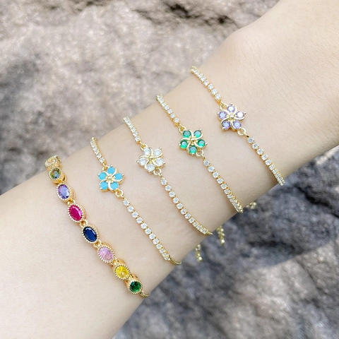 Flower Cubic Zirconia Adjustable Bolo Bracelet Copper Gold Plated Elegant Minimalist Jewelry For Women