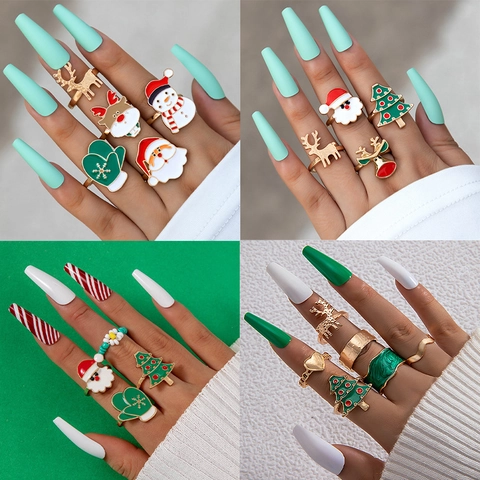 Christmas Rings Enamel Oil Drop Santa Claus Reindeer Tree Beads Jewelry Festive Party Cute Alloy Adjustable For Women