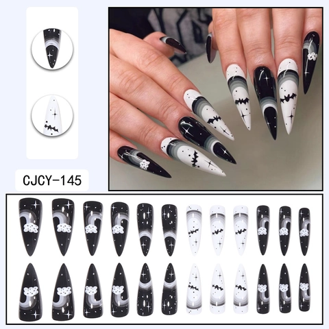 Gothic Halloween Press On Nails Long Stiletto False Nails Black White Grey Bat Moon Star Pattern Artificial Finger Nails