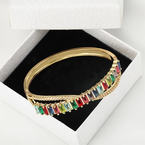 Bracciale Rigido In Rame Placcato Oro Con Zirconia Cubica Rettangolare Colorata Geometrico Micro Pavé Gioielli Di Moda Per Donna