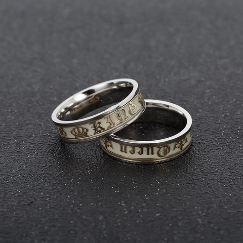 King Queen Crown Couple Ring Stainless Steel Luminous Glow In The Dark Gothic Style Band Jewelry Gift For Lovers
