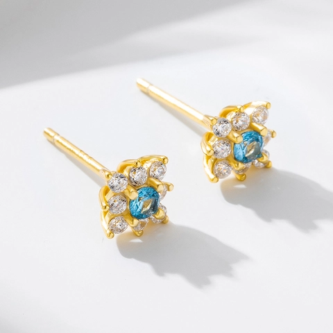 Flower Stud Earrings With 925 Sterling Silver Earring Post Blue Cubic Zirconia Rhinestone For Women Elegant Small Fresh Style