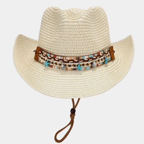 Sombrero De Vaquero De Paja Ala Ancha Protección Solar Playa Vacaciones Estilo Western Con Dijes De Estrella De Mar Concha Para Mujeres