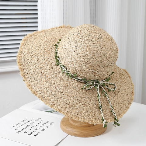 Καλοκαιρινό Ψάθινο Καπέλο Υφαντό Raffia Μεγάλο Γείσο Προστασία Από Τον Ήλιο Παραλία Διακοπές Ξεφτισμένη Άκρη Κορδέλα Φύλλων Για Γυναίκες