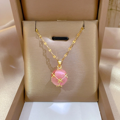 Minimalistische Katzenaugenstein Anhänger Halskette Edelstahl Vergoldet Kupferrahmen Schmuck Für Damen