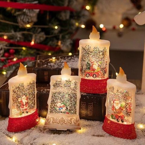 Christmas LED Candle Light Water Glitter Snow Globe Flameless Lantern Santa Snowman Miniature Holiday Table Decoration