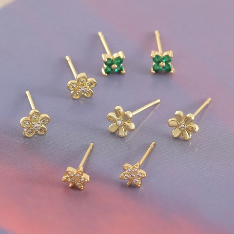 Elegant Zircon Flower Stud Earrings 3-Layer Gold Plated Copper Small Star Clover Earrings For Women Korean Style Sweet Daily Jewelry Accessories