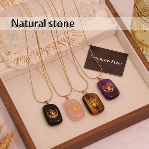 Collier Pendentif Arbre De Vie Pierre Naturelle Acier Inoxydable Chaîne Longue Pull Bijoux Gemme Pour Femme