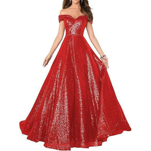 Sequined Evening Gown Off The Shoulder A-Line Maxi Dress For Formal Prom Party Elegant Shiny Women Apparel